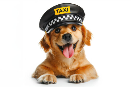 Funny dog wearing a taxi driver hat Isolated on white background