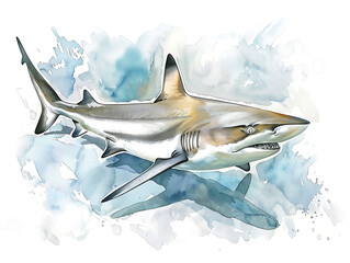 Hand drawn watercolor illustration of a blacktip reef shark