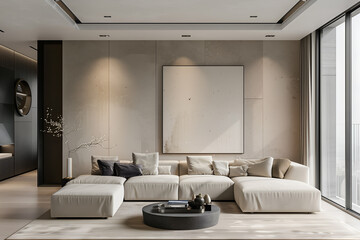 Large white canvas in a minimalist interior. Frame mockup in a room. Interior design visualization