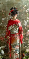 Naklejka premium A woman wearing a red kimono with floral patterns