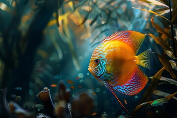 Harmonious underwater elegance. Discus fish (symphysodon aequifasciatus) with striking color patterns in aquarium