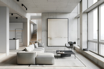 Large white canvas in a minimalist interior. Frame mockup in a room. Interior design visualization