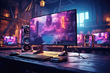 generated illustration modern RGB computer in a gaming room with red and blue ambient lighting