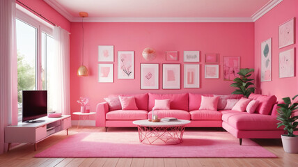 Living room interior furniture and decorative elements portrayed in bright pink colors, depicted in a cartoon vector illustration set of a cute girly house and apartment indoor. Generative AI.