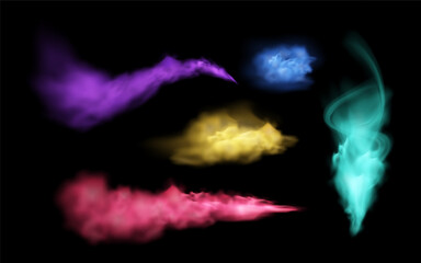 Magical smoke vector illustrations: smoke in purple, red, green, and blue, with particles effects.