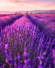 Obraz premium Vibrant Lavender Field at Sunset with Rows of Blooming Flowers and Scenic Horizon