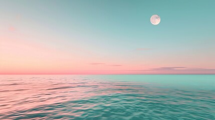 Over-under photo of a sunset in the ocean, light turquoise and light red, small moon on the left.