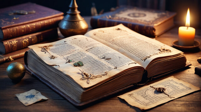 Magic book icon depicted as an old fantasy wizard game vector. Features ancient alchemy paper for witchcraft, representing an antique library grimoire assets illustration isolated. Generative AI.