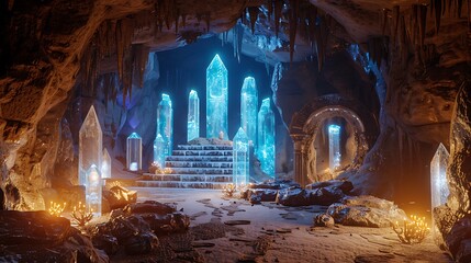 A hidden chamber within an ancient temple, illuminated by glowing crystals and filled with ancient...