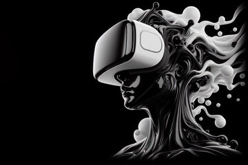 Futuristic black and white fluid person wearing virtual reality headset Isolated on black background