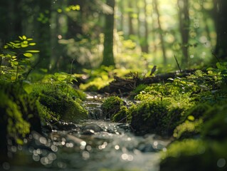 Fototapeta premium Tranquil Forest Stream with Sunlight Filtering Through Trees