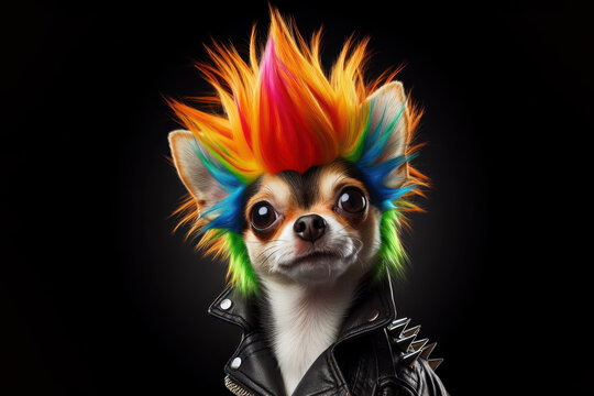 dog as a punk with bright mohawk Isolated on black background
