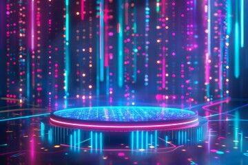 Futuristic neon stage with bright, vibrant LED lights and digital patterns. Perfect for technology-themed events and presentations.