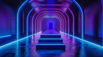 Futuristic neon-lit corridor with glowing arches and steps, creating a vibrant, sci-fi atmosphere with purple and blue lighting.