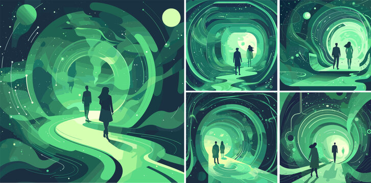 People passing portals cartoon vector scenes. Man woman together other worlds quantum sci fi teleportation characters, parallel universe warp jump futuristic travel concepts
