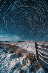 Star trails circling the celestial north pole. A starry night sky with a large, circular shape in...