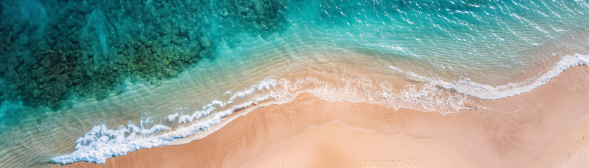Birds-eye view of an undisturbed sandy beach and clear ocean, filmed during summer, representing perfect leisure in nature. Ocean is calm and the water is blue. Beach is sandy and the waves are small