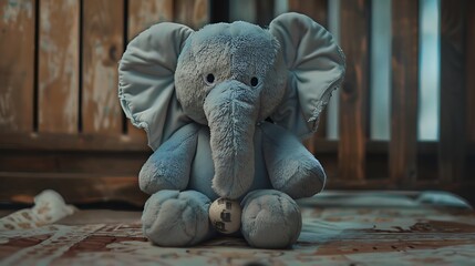 A soft plush elephant toy with crinkly ears and a rattle inside