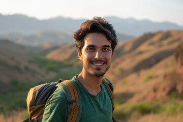 Fototapeta premium A handsome Indian man hiking in the mountains