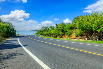 Asphalt highway road and green forest with lake nature landscape on a sunny day