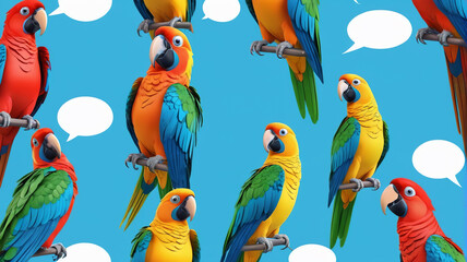 Obraz premium Comic parrot birds set isolated on a blue background. Vector cartoon illustration of exotic feathered mascots standing, lying with speech bubbles. Generative AI.