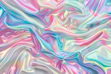 Vibrant abstract image of iridescent silk fabric with a shiny and colorful texture, featuring a mix of pastel hues and smooth flowing curves.