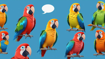 Naklejka premium Comic parrot birds set isolated on a blue background. Vector cartoon illustration of exotic feathered mascots standing, lying with speech bubbles. Generative AI.