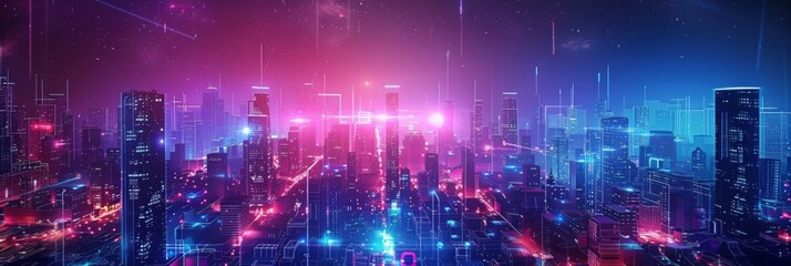 Fototapeta premium Futuristic Cityscape Illuminated with Neon Lights, Hi-Tech Urban Landscape, futuristic technology concept, graphic banner design