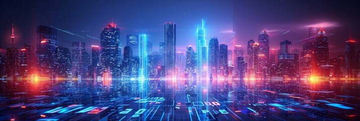Obraz premium Futuristic Cityscape Illuminated with Neon Lights, Hi-Tech Urban Landscape, futuristic technology concept, graphic banner design