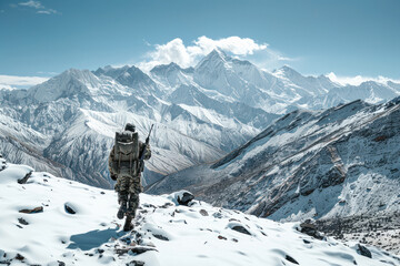 A Indian army soldier in uniform with guns walks in the snow-covered mountains