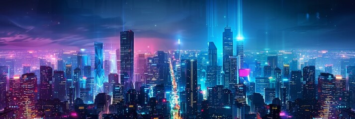 Futuristic Cityscape Illuminated with Neon Lights, Hi-Tech Urban Landscape, futuristic technology concept, graphic banner design
