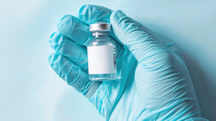 A gloved hand holding a vial of the vaccine. 