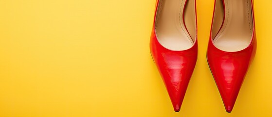 Pair of red high heels with ample copyspace on yellow background