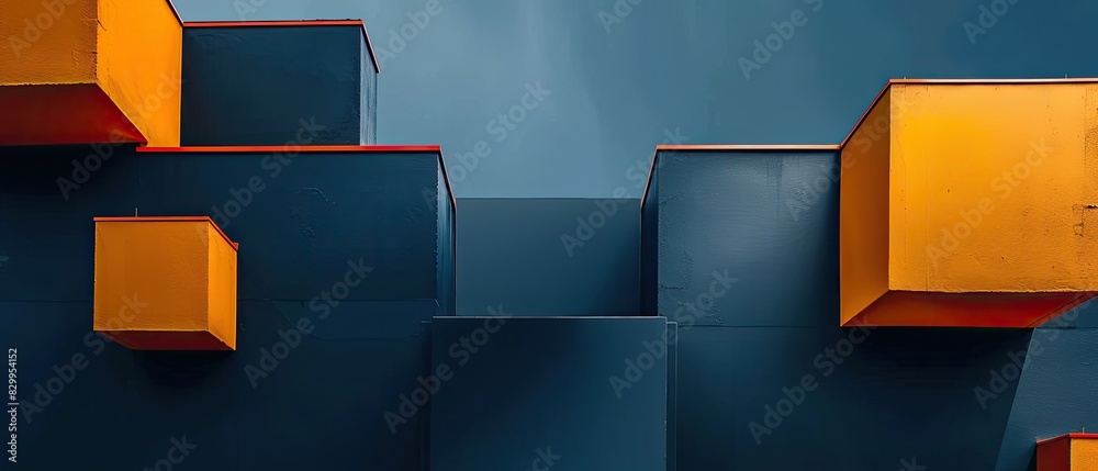 Wall mural abstract geometric composition with blue and orange 3d cubes, creating depth and visual interest on 