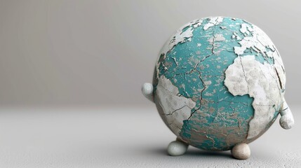 3D globe cartoon with visible cracks standing, signifying the impact of global warming, isolated with ample copy space.