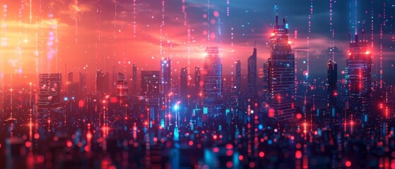 Obraz premium Futuristic Cityscape Illuminated with Neon Lights, Hi-Tech Urban Landscape, futuristic technology concept, graphic banner design