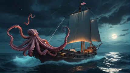 Sail boat in the sea with fantasy kraken tentacles at night. A monstrous octopus is crashing the ship in the ocean. big mythological underwater creature attacking a sailboat. Generative AI.