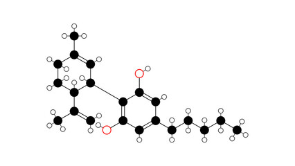 cannabidiol molecule, structural chemical formula, ball-and-stick model, isolated image phytocannabinoid