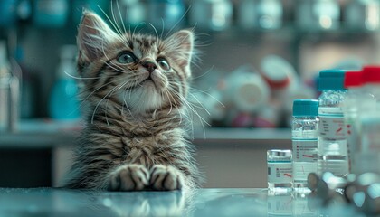 Adorable tabby kitten curiously exploring laboratory. Perfect for pet, science, and laboratory-themed projects and advertisements.