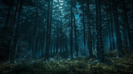 Obraz premium Mysterious Dark Forest with Dense Trees and Atmospheric Lighting