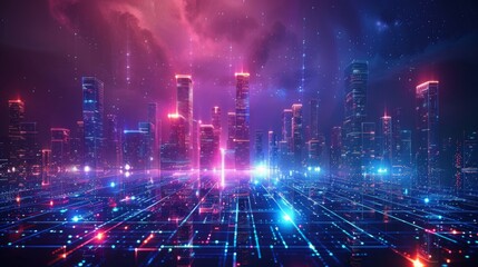 Fototapeta premium Futuristic Cityscape Illuminated with Neon Lights, Hi-Tech Urban Landscape, futuristic technology concept, graphic banner design