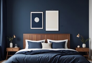 Elegant bedroom with a dark blue wall.