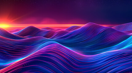 Abstract background with neon blue and purple gradient lines in the shape of waves, futuristic design with 3D effect, glowing light on dark orange sky background, landscape with curved hills, gradient