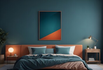 Cozy dark blue bedroom interior background with a farmhouse style mockup frame rendered in 3D