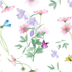 Delicate flowers and insects. Seamless watercolor pattern on a white background.