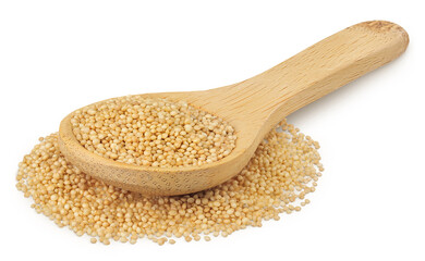 Amaranth grain seeds in wooden spoon isolated on white background