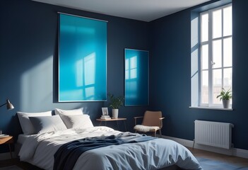 A contemporary dark-themed bedroom with a dark bed, showcasing an empty mockup frame on a vibrant blue wall. 8k