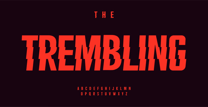 Trembling modern alphabet, edgy sharp letters, font with concussion wave for unique logos, dynamic striking headline, powerful impactful typography, contemporary typographic design. Vector typeset