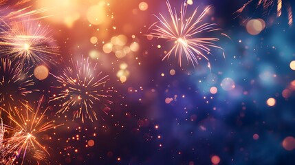 Vibrant fireworks and colorful bokeh lights in the night sky, creating a festive atmosphere