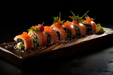 Tempting sushi on a wooden board against a dark background
